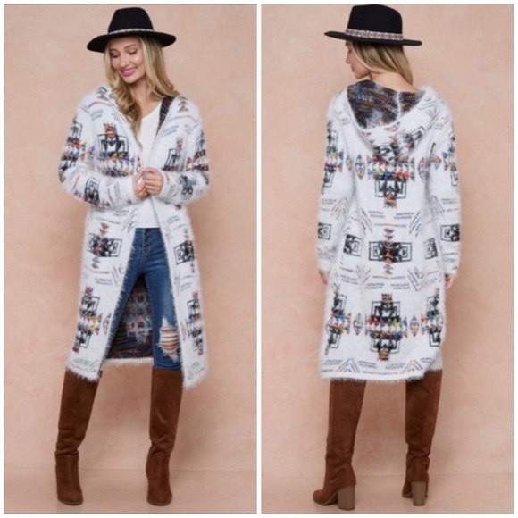 Aztec Rainbow Boho Cowichan Jacquard Eyelash Fuzzy Cardigan Knit Sweater - Picture 1 of 7